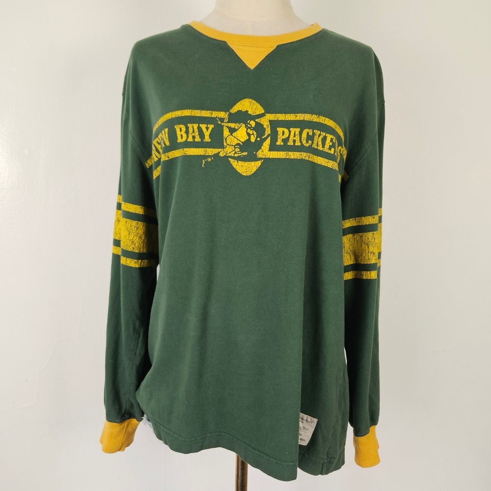 Vtg Mitchell & Ness Green Bay Packers Long Sleeve Tee Top Sz L Gold Graphic